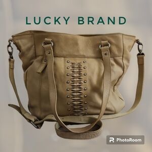 VTG LUCKY BRAND Large Ecru Leather Western Boho Studded Bag
